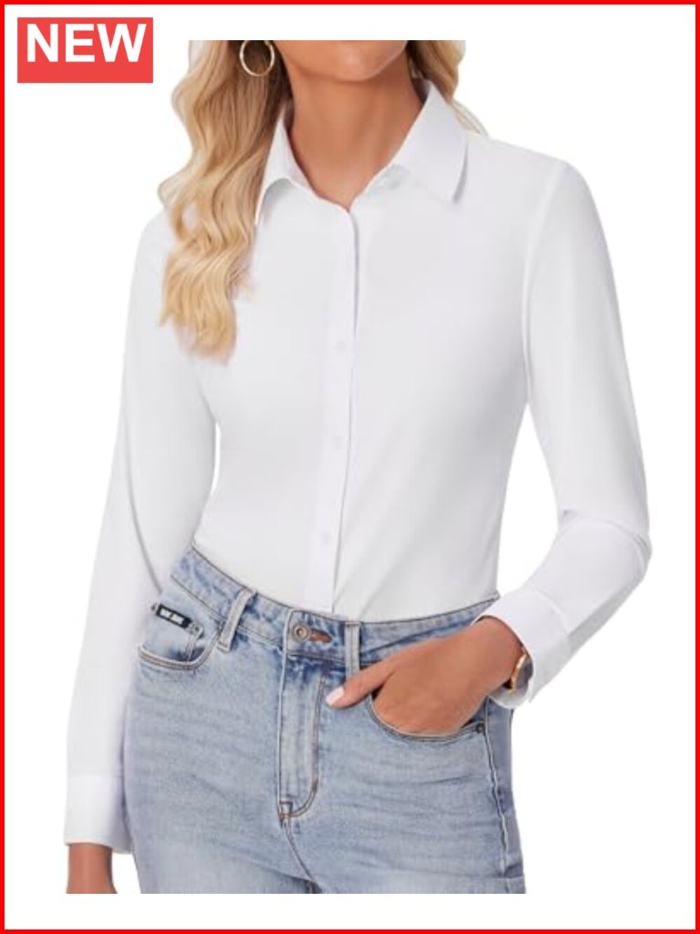 Womens Button Down Long Sleeve Stretch Slim Fit Wrinkle Free Work Dress Shirt